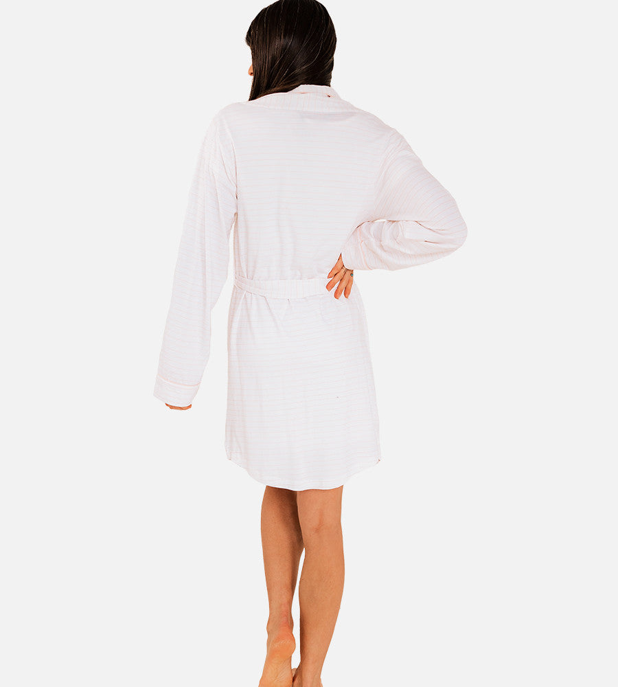 back view of model wearing soft pink robe