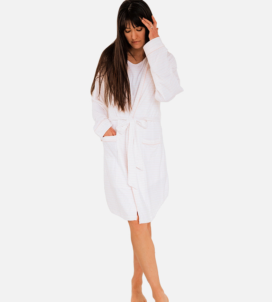 front view of model wearing soft pink robe