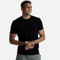 front view of model wearing black crew tee