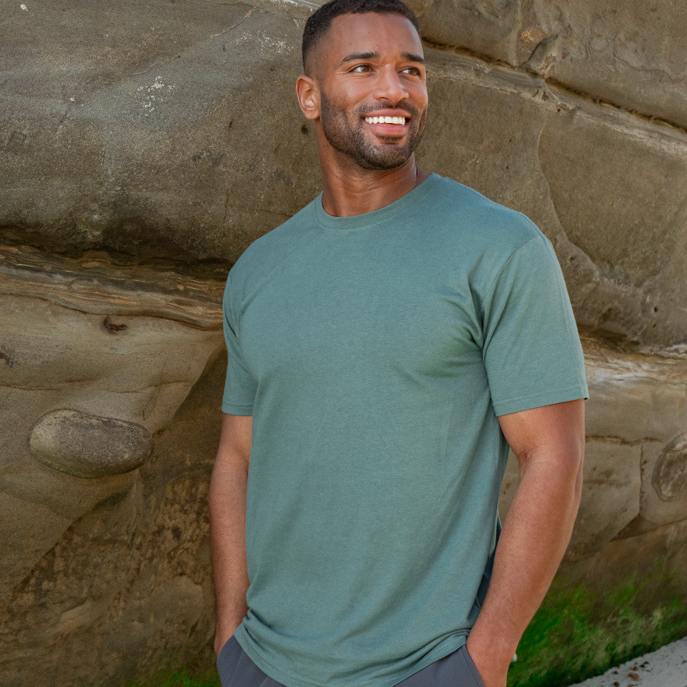 front view of model wearing aloha green crew tee