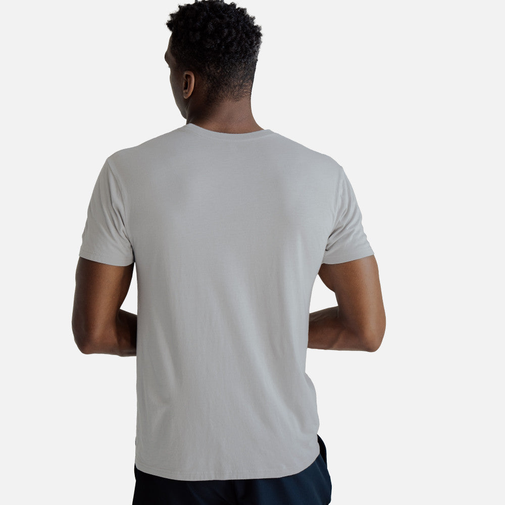 front view of model wearing silver shore crew tee