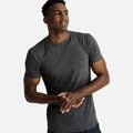 front view of model wearing charcoal heather crew tee
