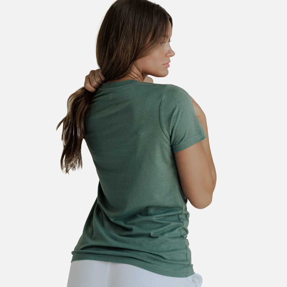 back view of model wearing aloha green crew tee
