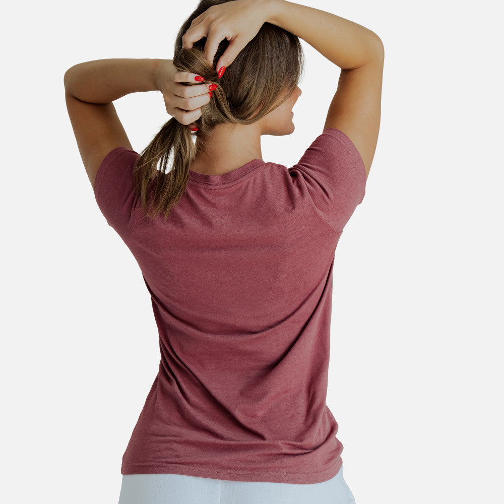 back view of model wearing hibiscus red crew tee