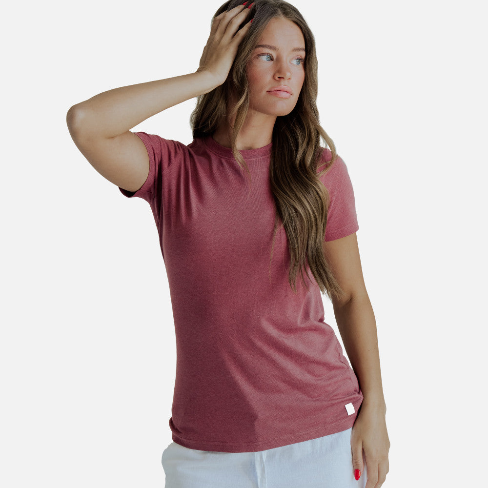front view of model wearing hibiscus red crew tee
