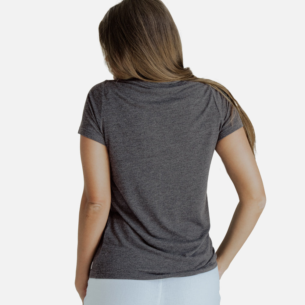 back view of model wearing charcoal crew tee