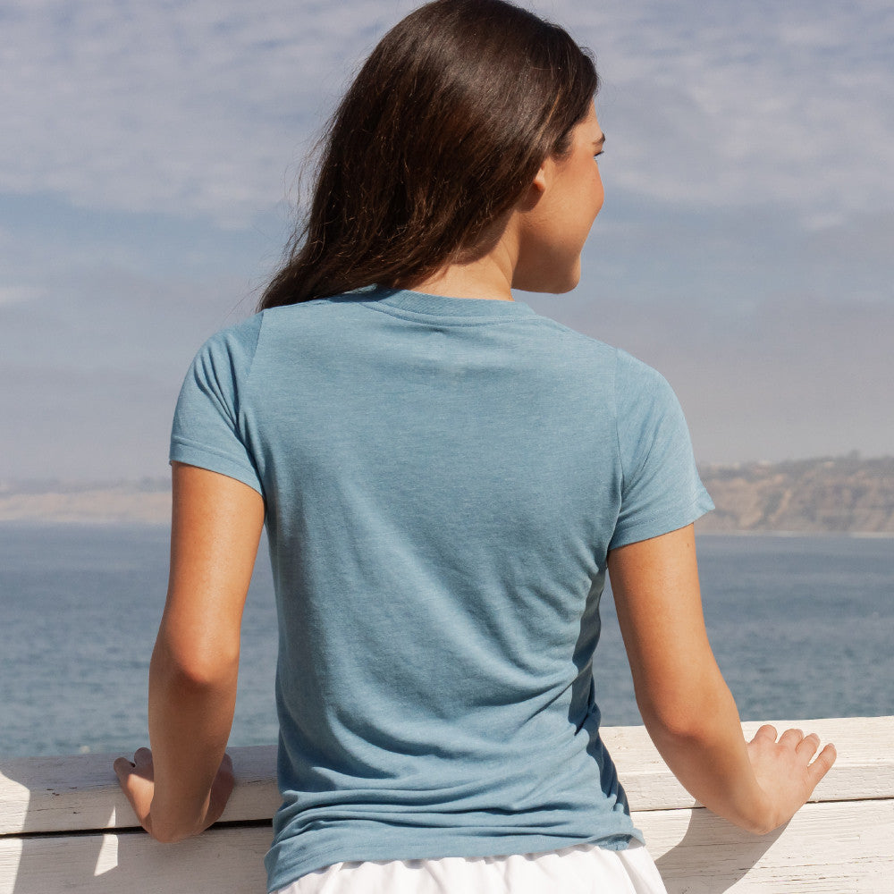 back view of model wearing coastal blue crew tee