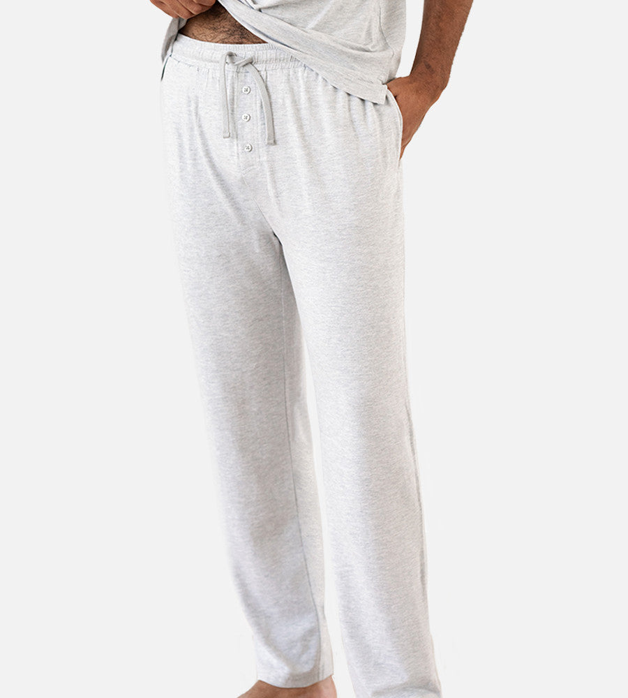 front view of models legs wearing light gray pants