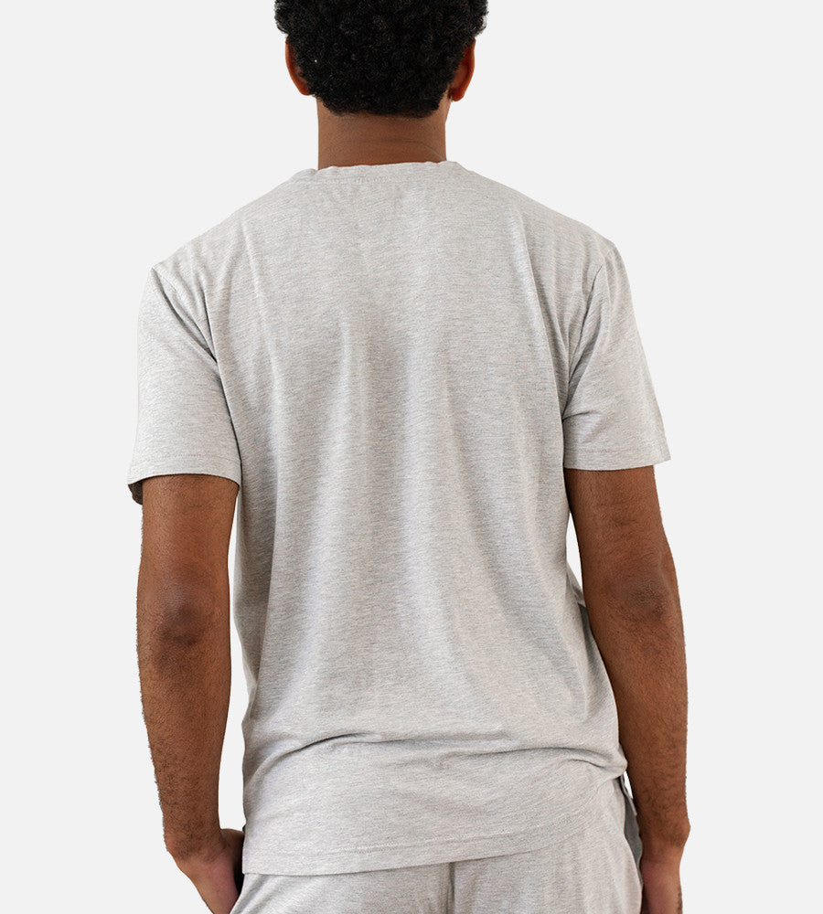 back view of model wearing light gray crew