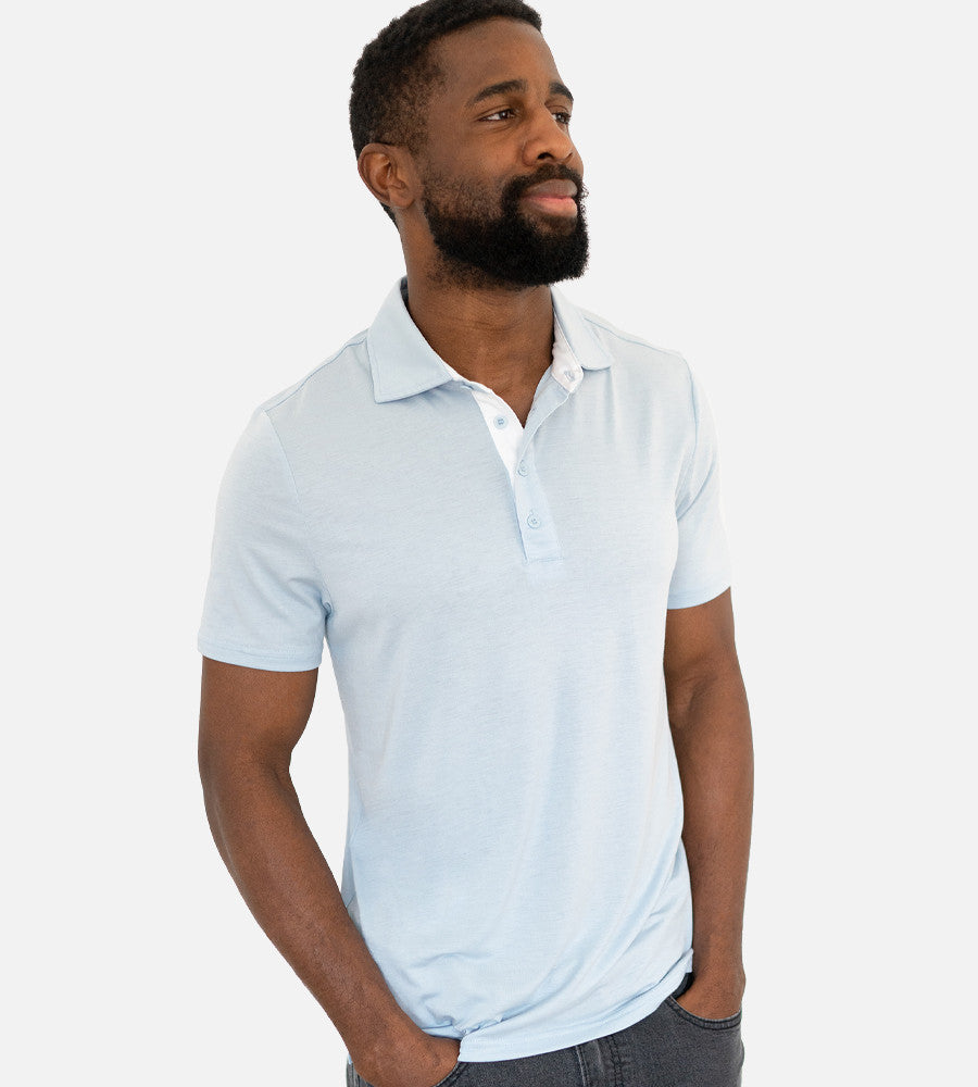 front view of model wearing light blue comfort polo~Light Blue