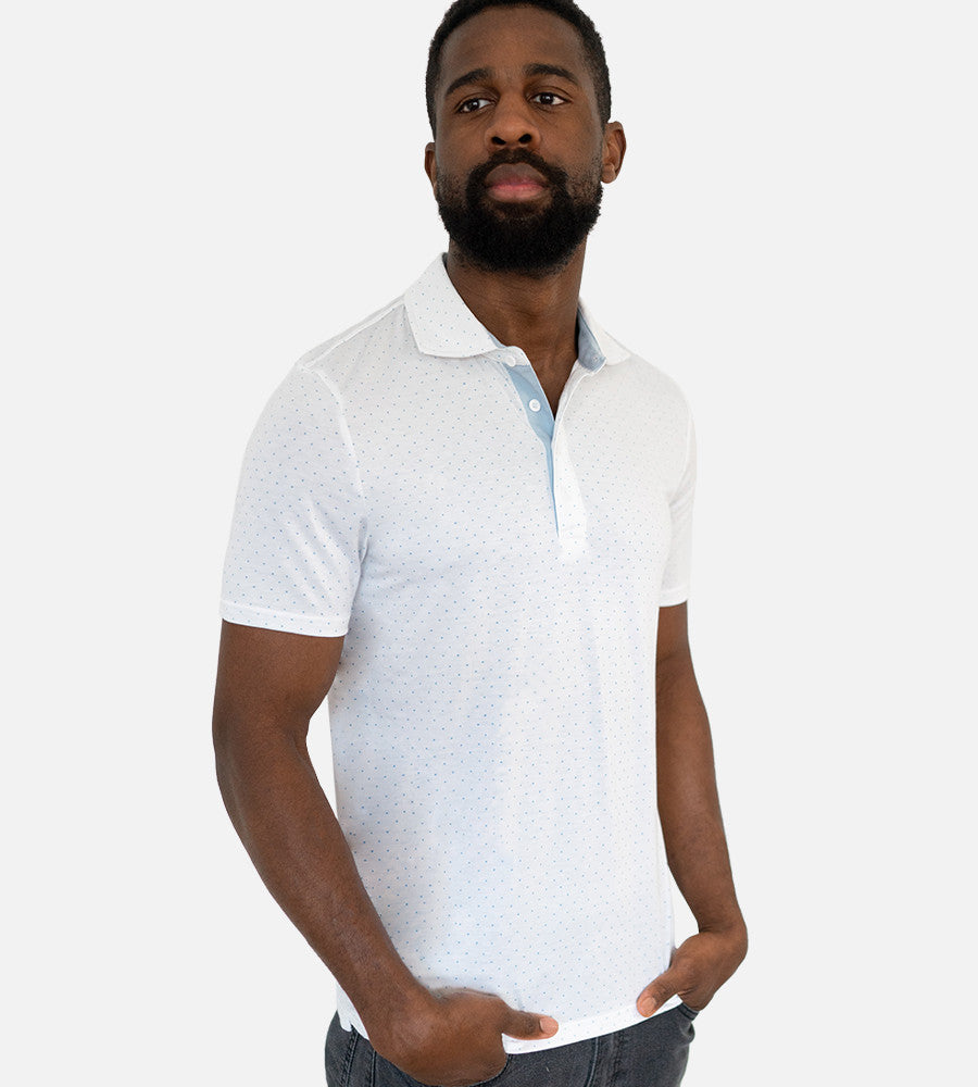 front view of model wearing dot light blue comfort polo~Dot White/Light Blue