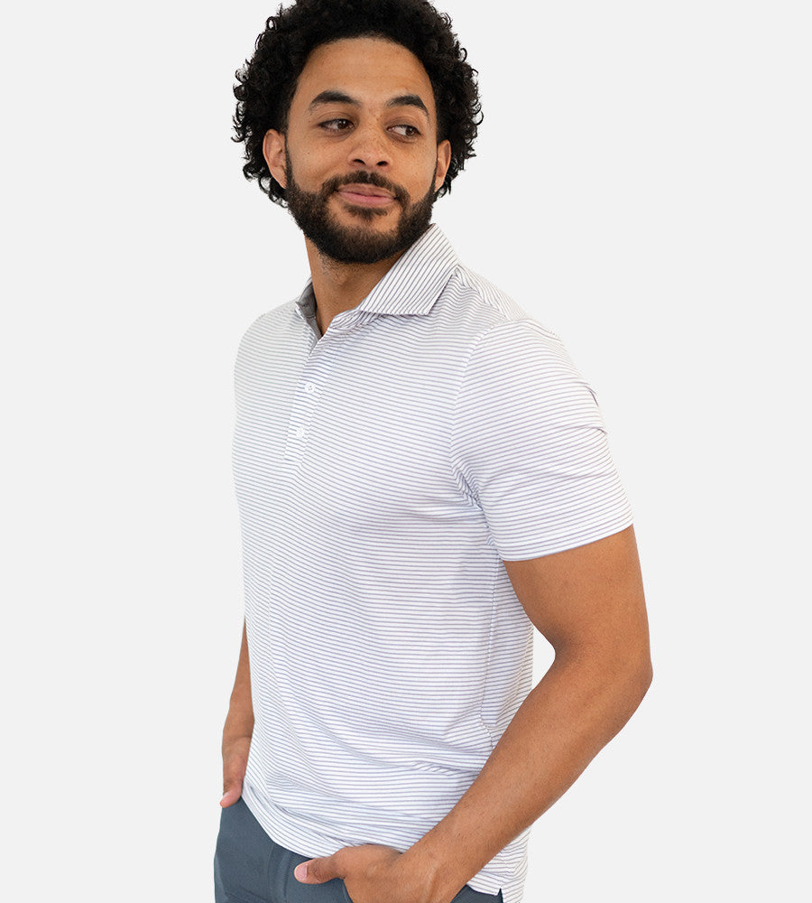 side view of model wearing stripes white gray comfort polo~Stripes White/Gray