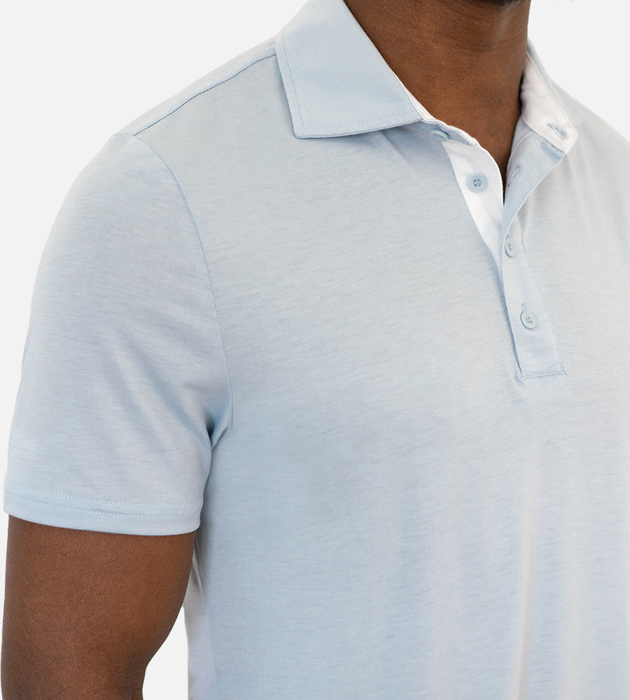 close-up on chest of light blue comfort polo~Light Blue