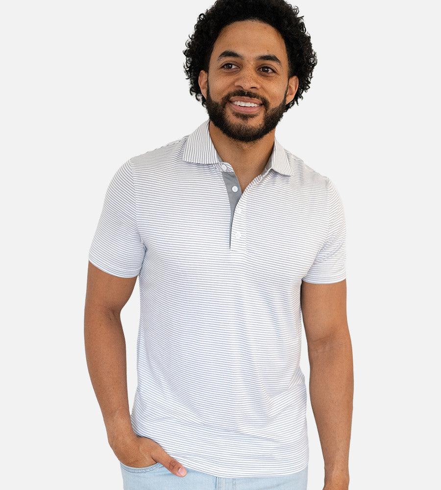 front view of model wearing stripes white gray comfort polo~Stripes White/Gray