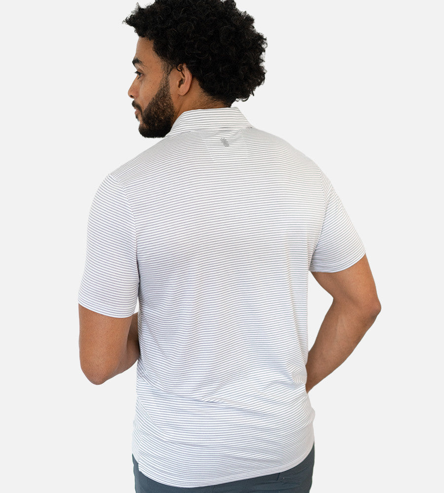 back view of model wearing stripes white gray comfort polo~Stripes White/Gray