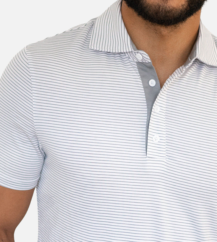close-up on chest of stripes white gray comfort polo~Stripes White/Gray