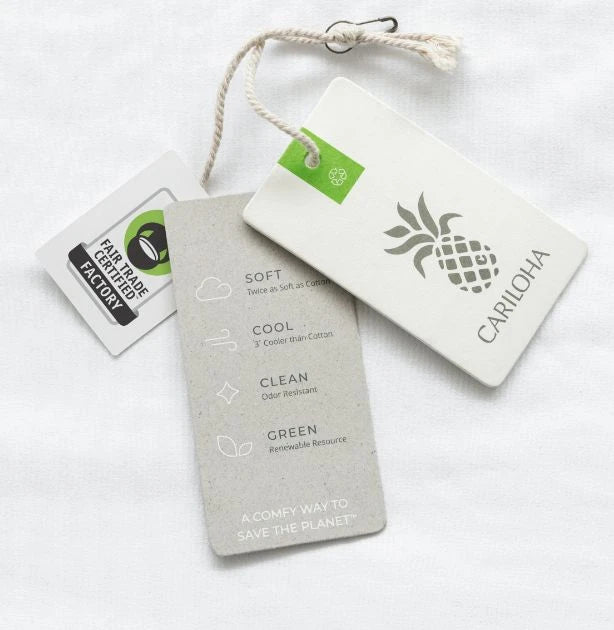 Three product tags for Cariloha showcasing bamboo features and fair trade certified factory