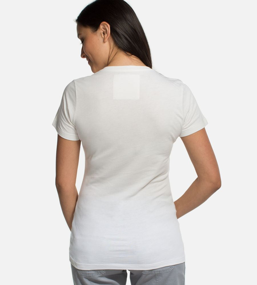 back view of girl wearing cariloha White v-neck tee~White