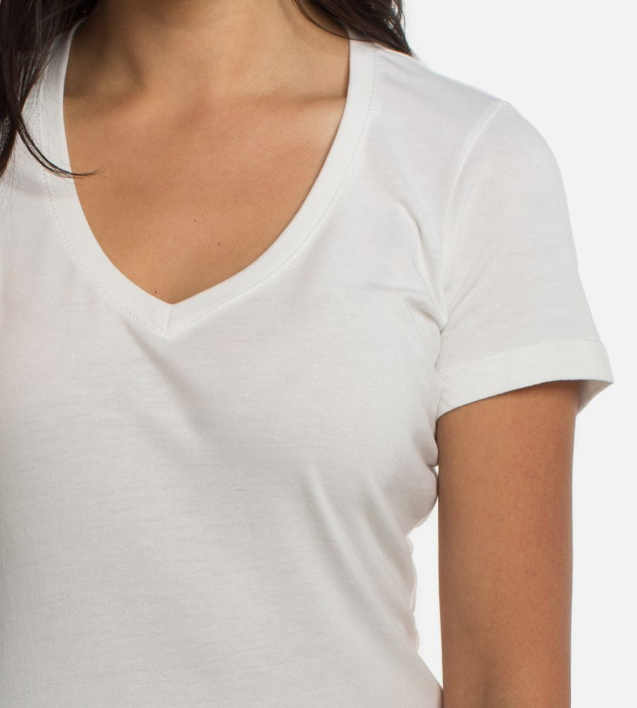 front close-up showing the neckline and sleeve of the cariloha White v-neck tee~White